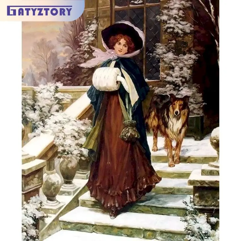 

GATYZTORY Lady With Dog DIY Diamond Painting Handmade Mosaic Cross Stitch Full Square Drill Diamond Embroidery Home Decor