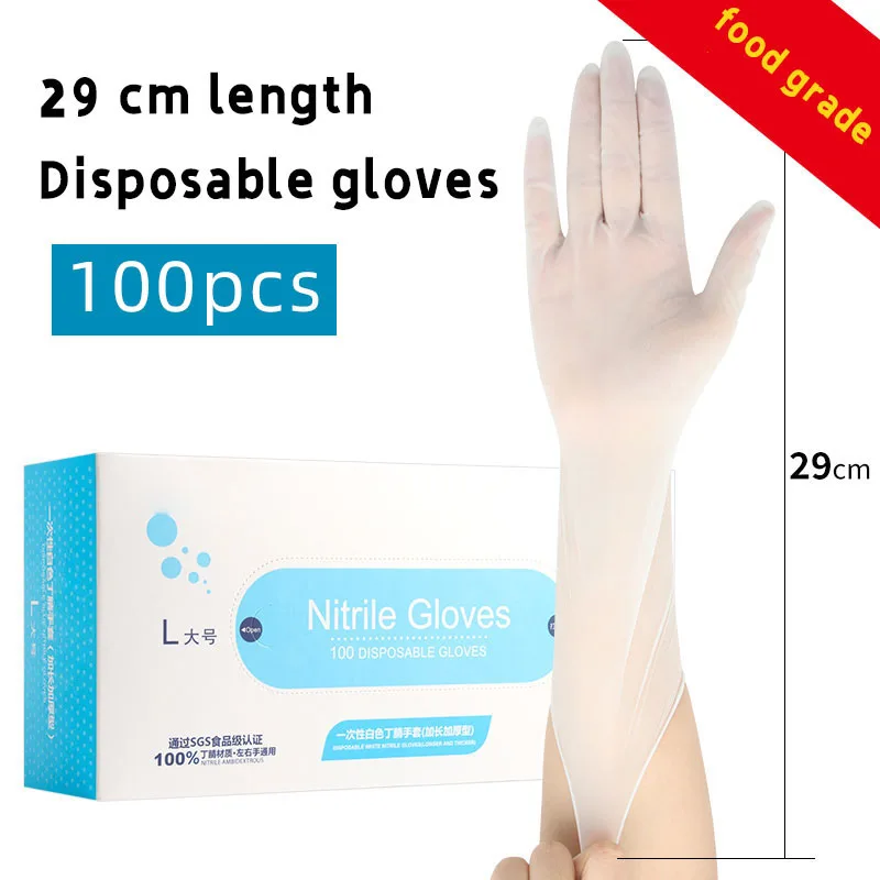 

100PCS White Nitrile Gloves Disposable Waterproof Gloves lengthen Kitchen Dishwashing Pet Bathing Beauty Hair Styling Garden