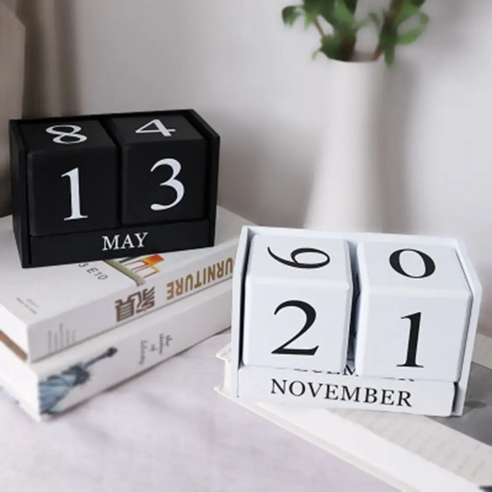 MDF Wooden Perpetual Calendar Eternal Blocks Month Display Building Blocks Calendar Pastoral Style Perpetual Calendar