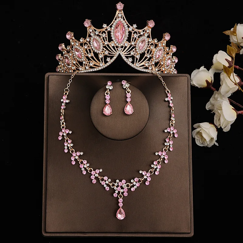 DIEZI Elegant Pink Crystal Tiara Crown For Women Wedding Girls Party Crown Necklace Earrings Jewelry Sets Hair Dress Accessories