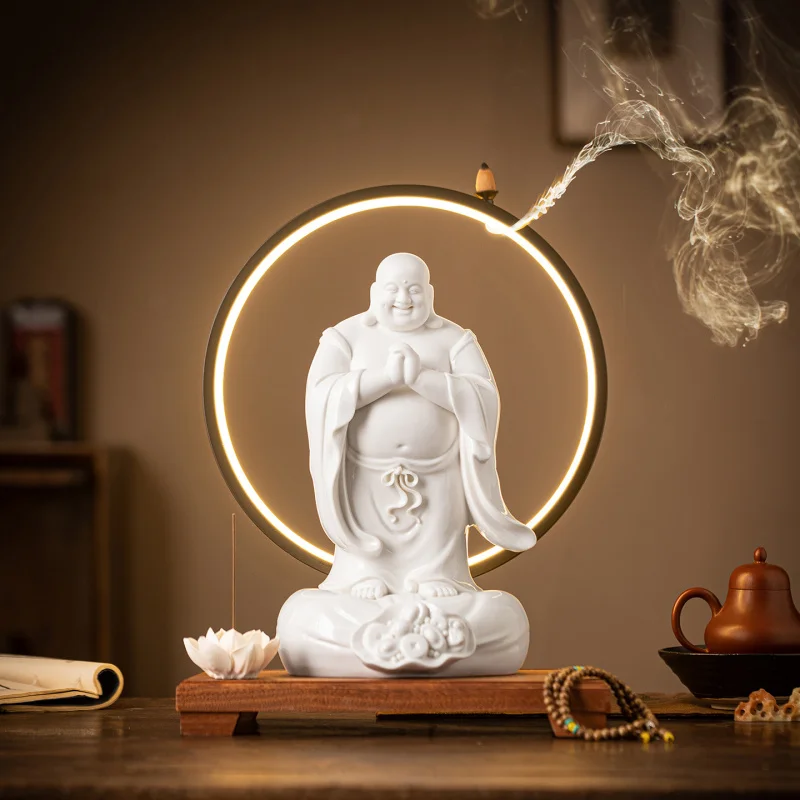 Ceramic Laughing Figurine - Fortune-Bringing Buddha Statue For Living Room Office Decoration, Housewarming And Openin