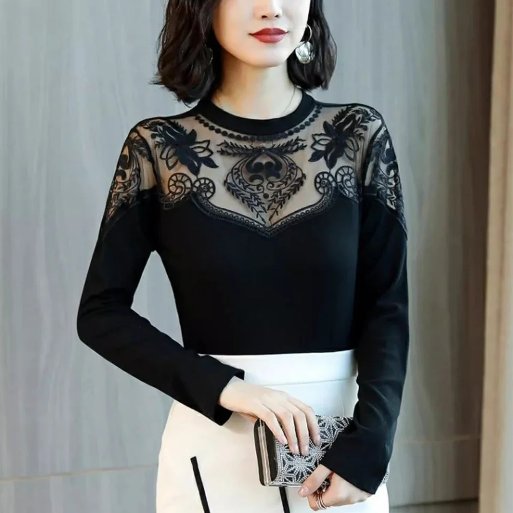 Transparent Splicing Lotus Lace Elastic T Shirt Blouse Women S-3XL Black Female Blouses Cheaper Tops Full Sleeves T-Shirt Ladies