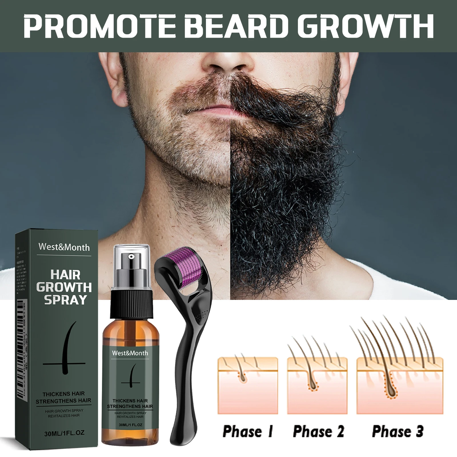 Men's Beard Spray Kit with Micro Roller 0.25mm Moisturizing Thicken Facial Hair Beard Boosting Essence Nourishing Spray Bear - view 4