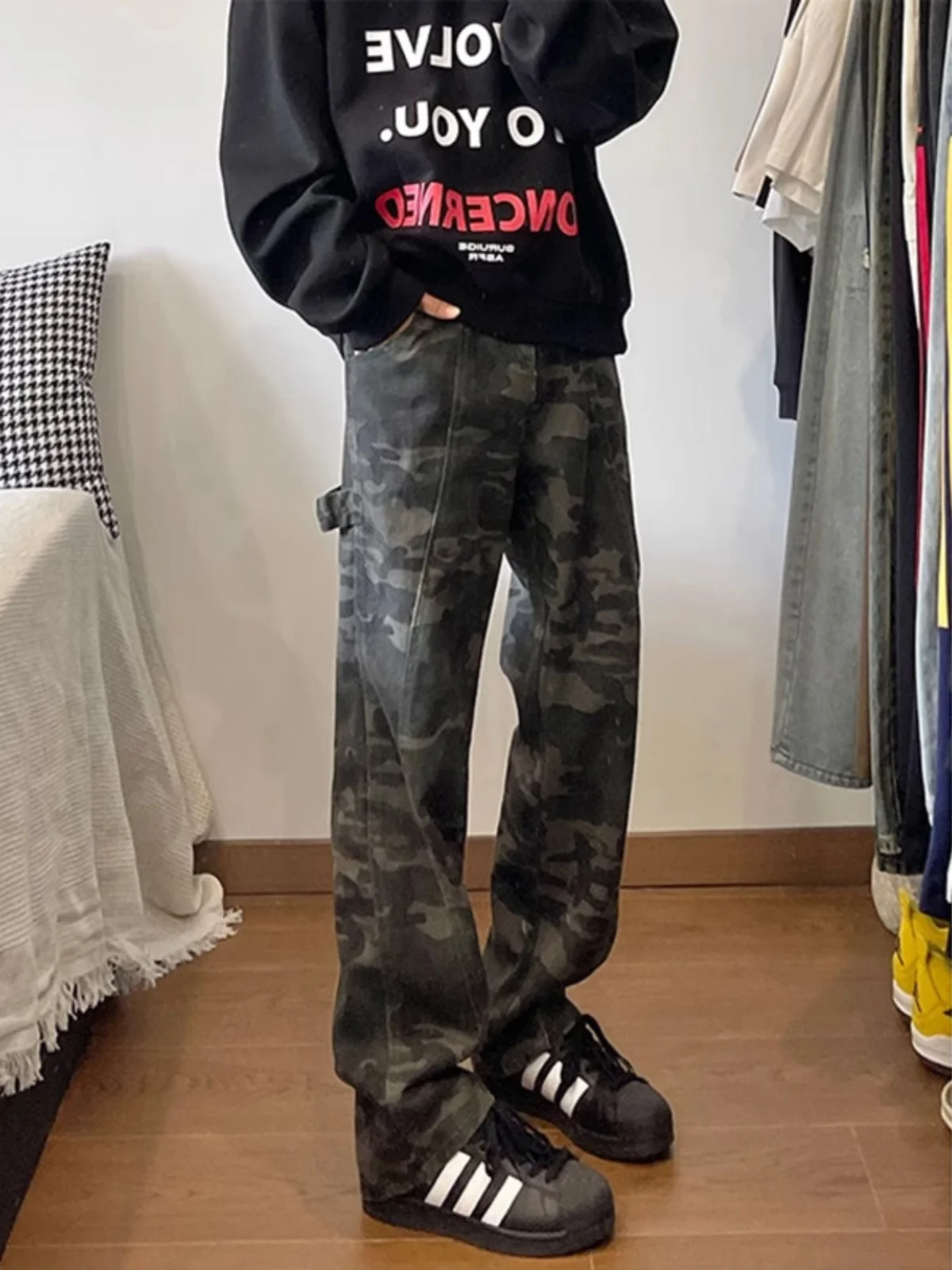 

American Retro Camouflage Work Pants Men's Spring Autumn Loose Straight Leg Jeans Wood Cutting Vintage Sle Casual Trousers