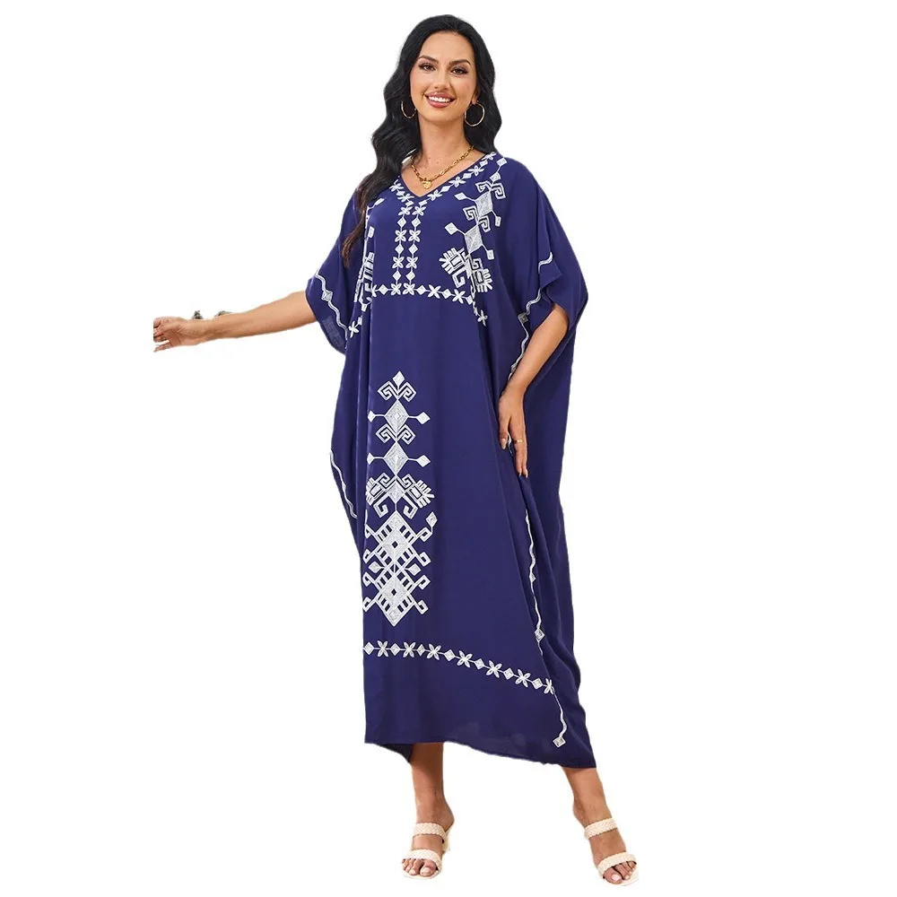 New women's Muslim short sleeved robe beach cover shirt, cotton embroidered dress