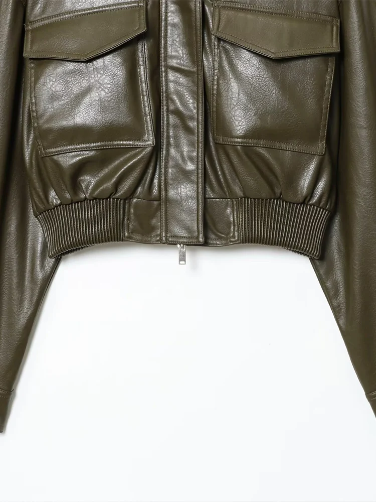 Otoño nueva moda mujer ropa de motocicleta brillante imitación cuero cuello alto chaqueta de manga larga abrigo corto chaqueta de cuero