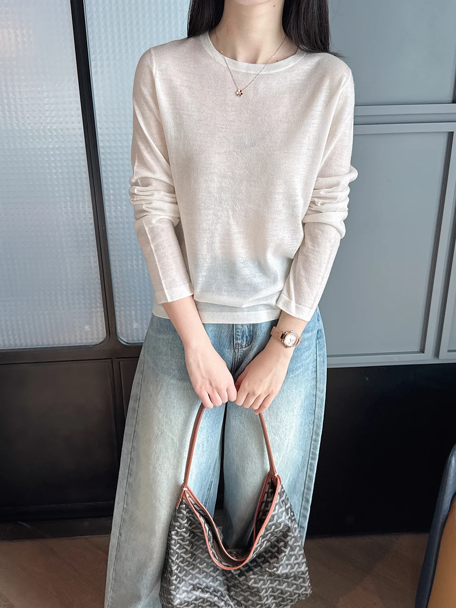 

Премиум-топ из тонкого кашемира с круглым вырезом, легкий, свободного кроя, однотонный, универсальный базовый слой, рубашка для женщин в повседневном стиле