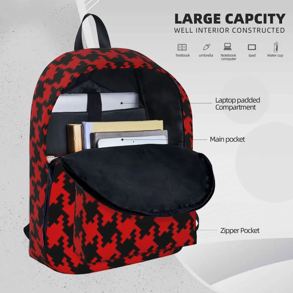 Black Red Houndstooth Backpack Student Check Print Durable Backpacks Polyester High School Bags Daily High Quality Rucksack