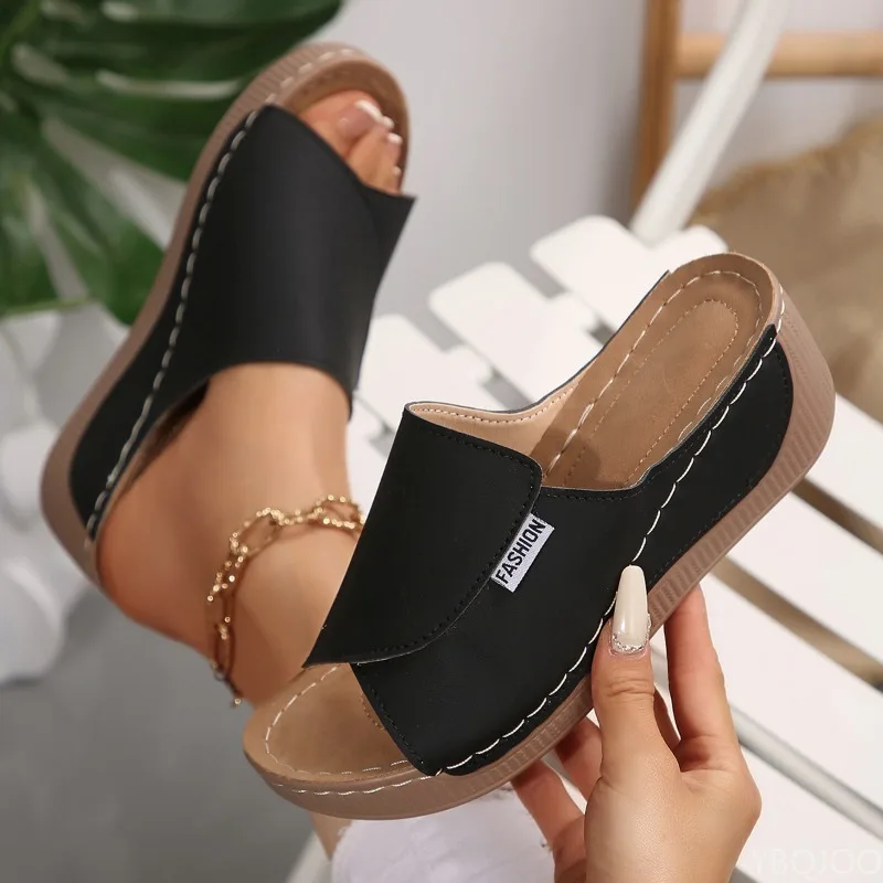 Thick soled casual slippers for women fashionable simple solid color fish mouth sloping heel height increasing women's slippers