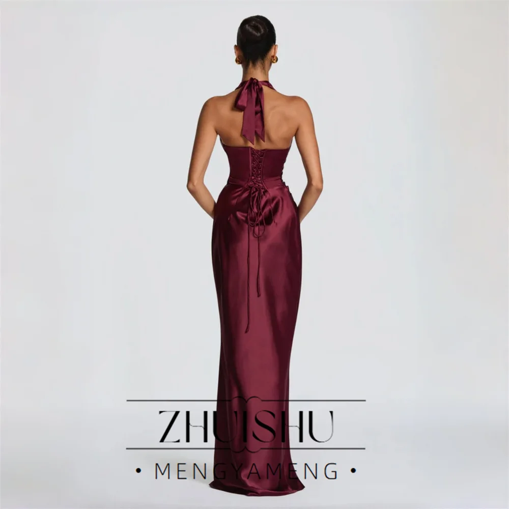 ZHUISHU Simple Satin Sheath Formal Evening Dress Women 2026 Halter Sleeveless Pleat Open Back Prom Dress Party Gowns Customized