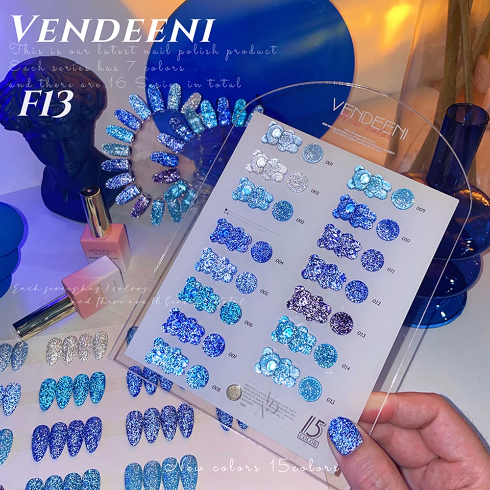 Vendeeni 15 ألوان/مجموعة عاكسة كسر الماس هلام طلاء الأظافر UV LED بريق الترتر مانيكير مسمار الورنيش مع بطاقة اللون