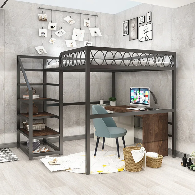 Black wrought iron elevated bed household bedroom space saving bed student dormitory up and down double