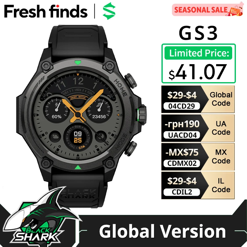 Montre connectée Blackshark GS3, version globale, écran AMOLED de 1.43 pouces, 5ATM, cadrans de montre AI, positionnement par satellite GPS, montre pour hommes