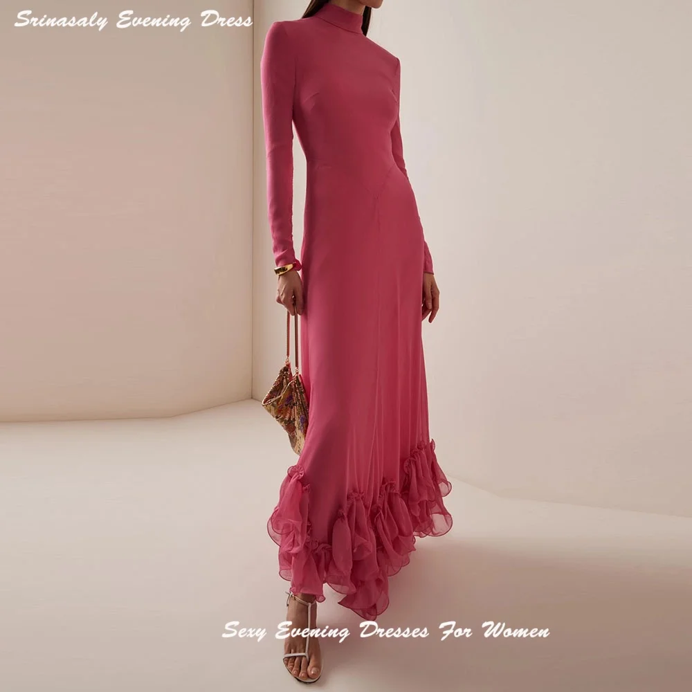 

Ruffle Chiffon High Neck Maxi Dress Customized Evening Dresses For Women Long Sleeve Formal Cocktail Party Gowns With Zipper