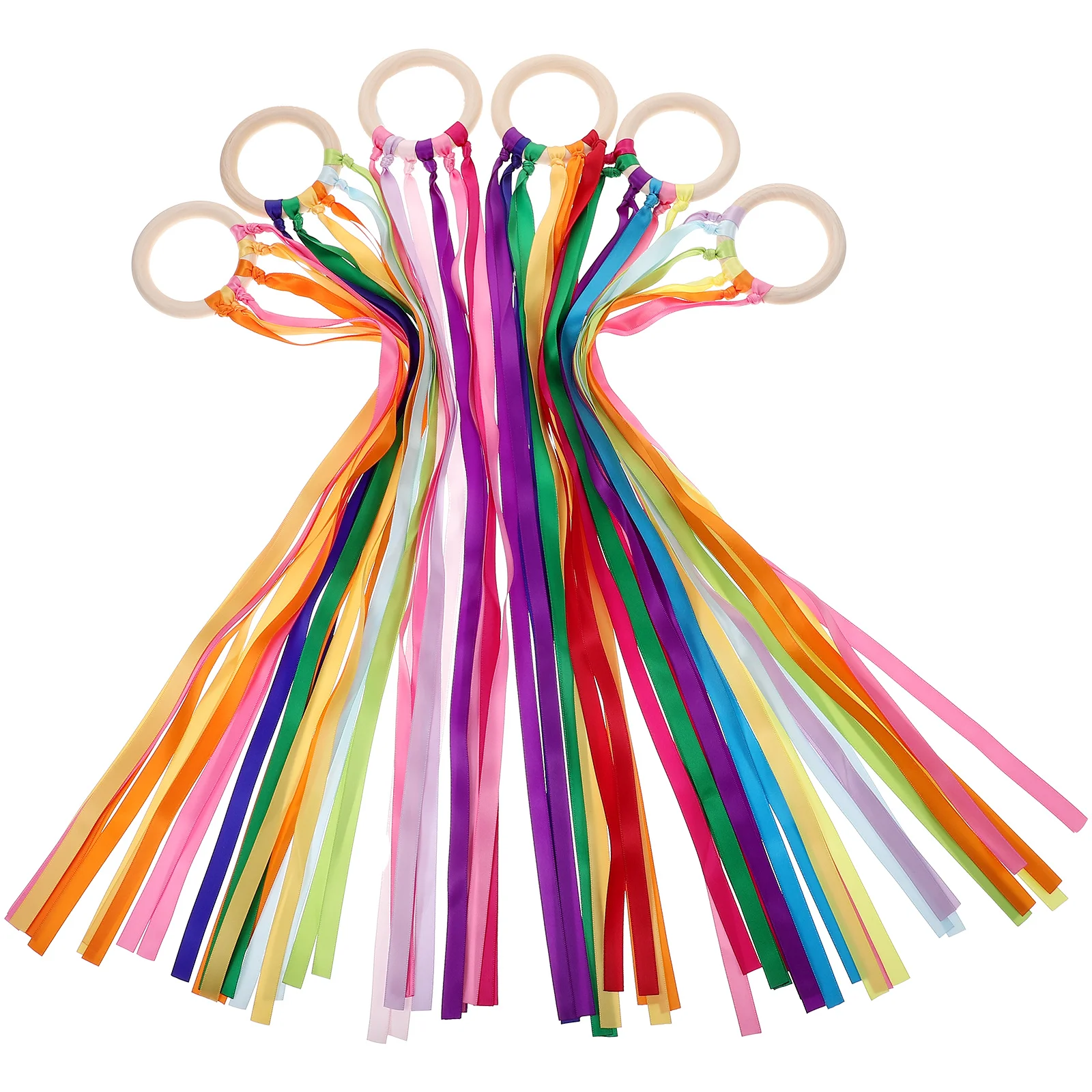 

6 Pcs Shuttle Wood Circle Ribbon Dancing Ribbons for Kids Rainbow Twirler Streamers Hand Kite Outdoor Toys Wrist