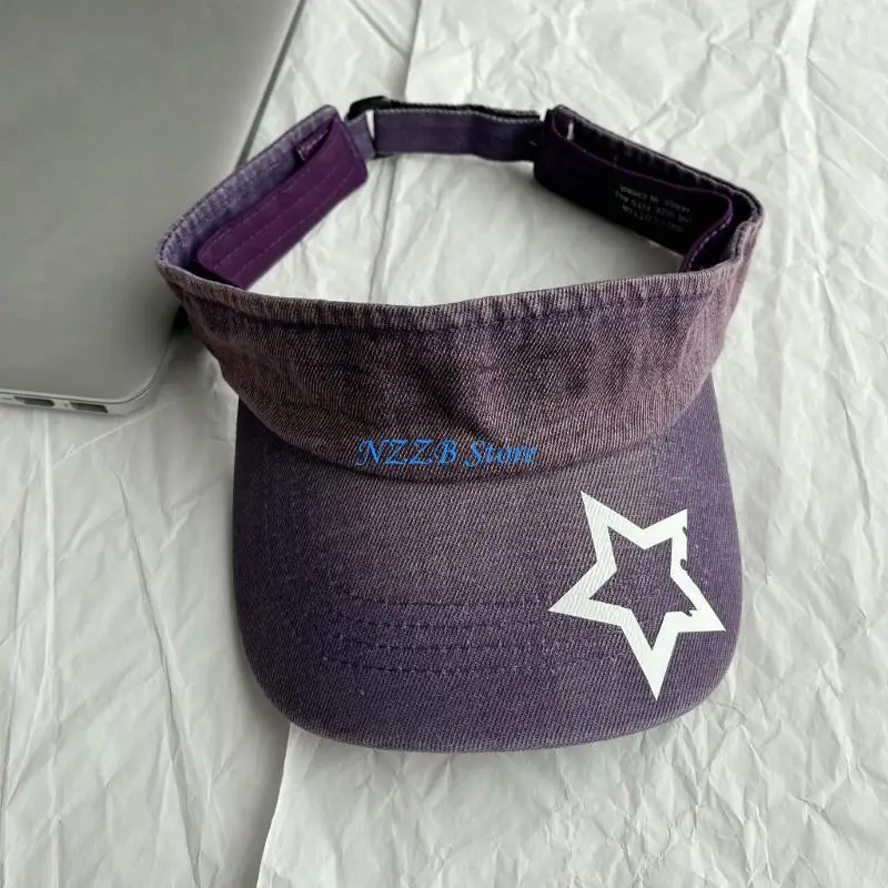 

T21F Star Pattern Wide Brim Empty Top Hat Summer Sun Hat Washed Visor Hat for Adult Teens Skin-friendly Outdoor Hat