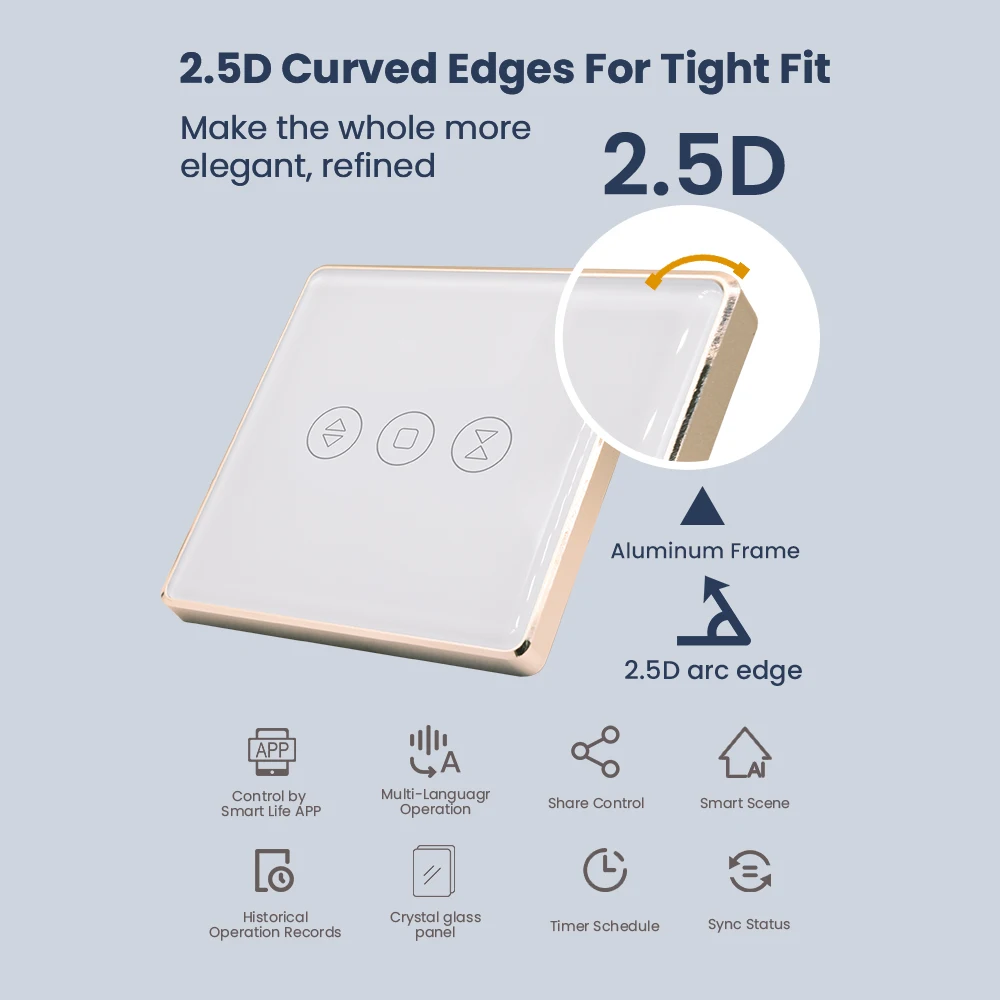 Tuya Wifi Curtain Switch 2.5D Aluminum frame EU Remote Control Smart Life Voice Control Remote Control Need Neutral Wire