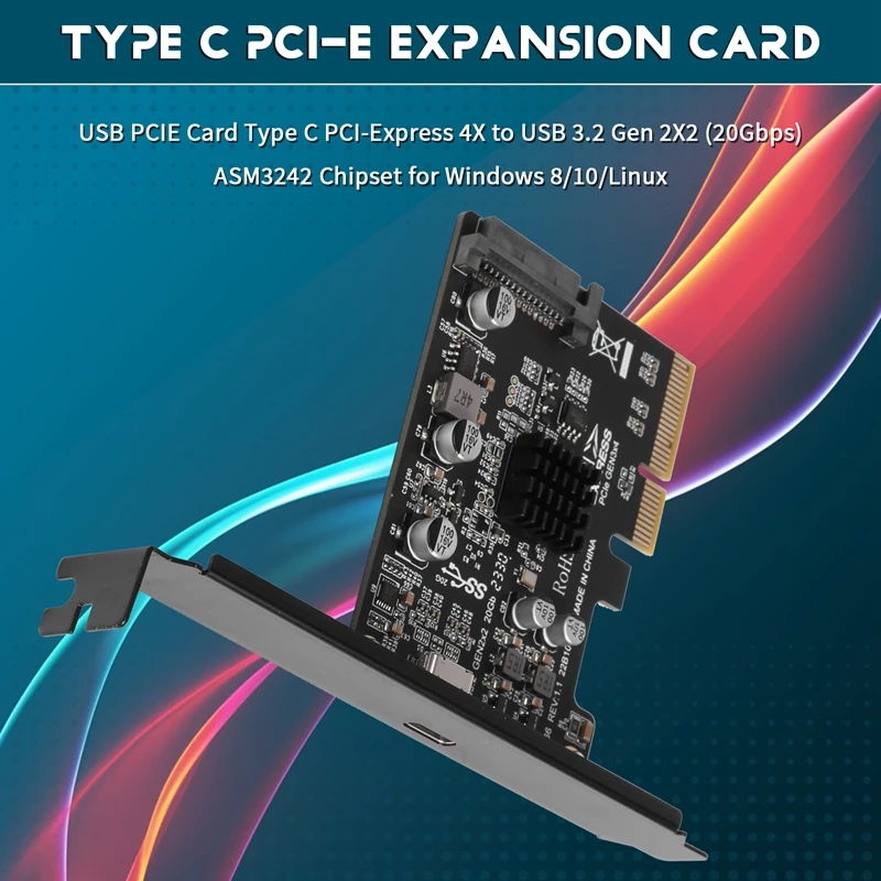 

USB PCIE Card Type C PCI-Express 4X To USB 3.2 Gen 2X2 (20Gbps) ASM3242 Chipset For Windows 8/10/Linux
