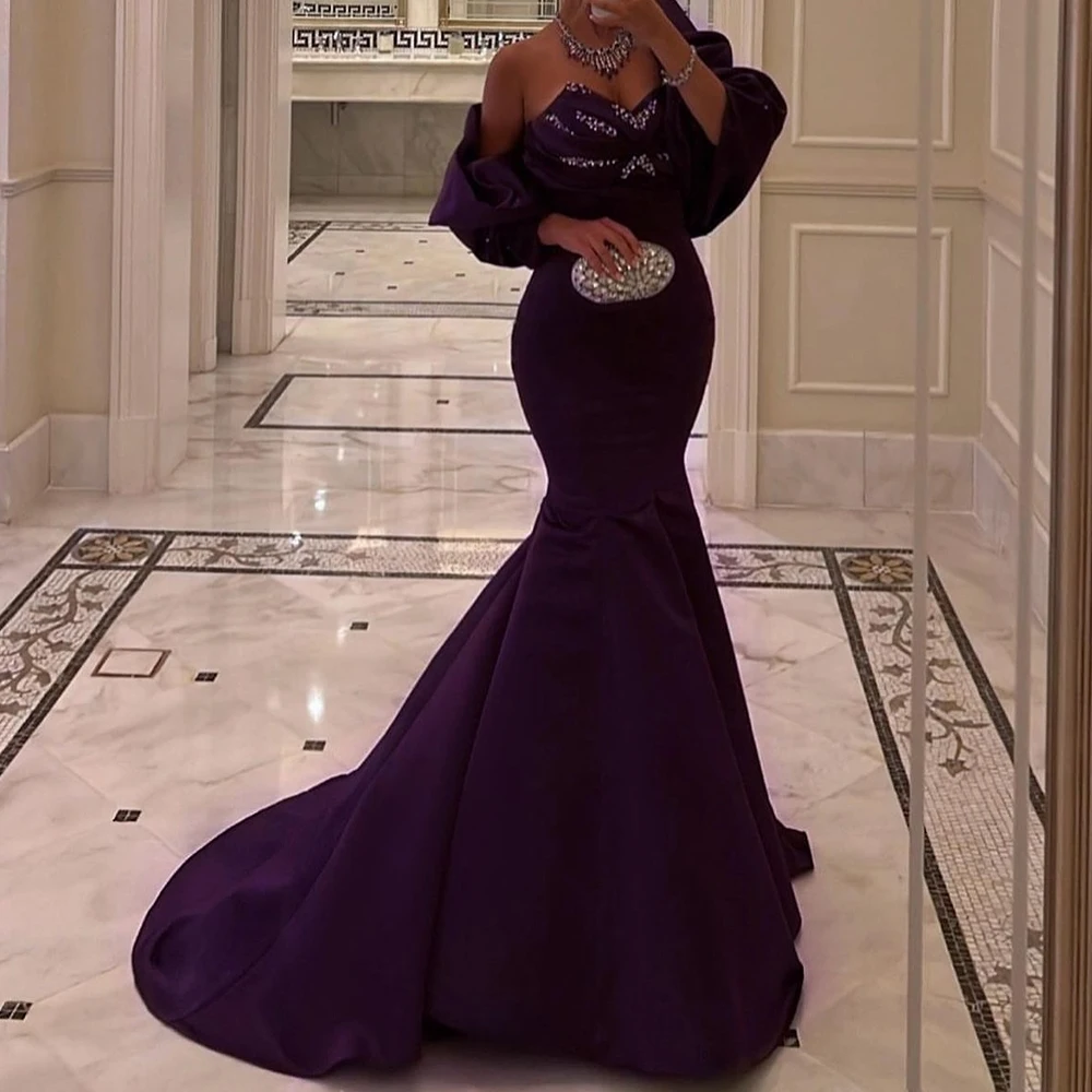 

Customized Exquisite Satin Mermaid Detachable Sleeve Crystal Evening Dress Strapless Panel Train Special Occasion Gowns Formal