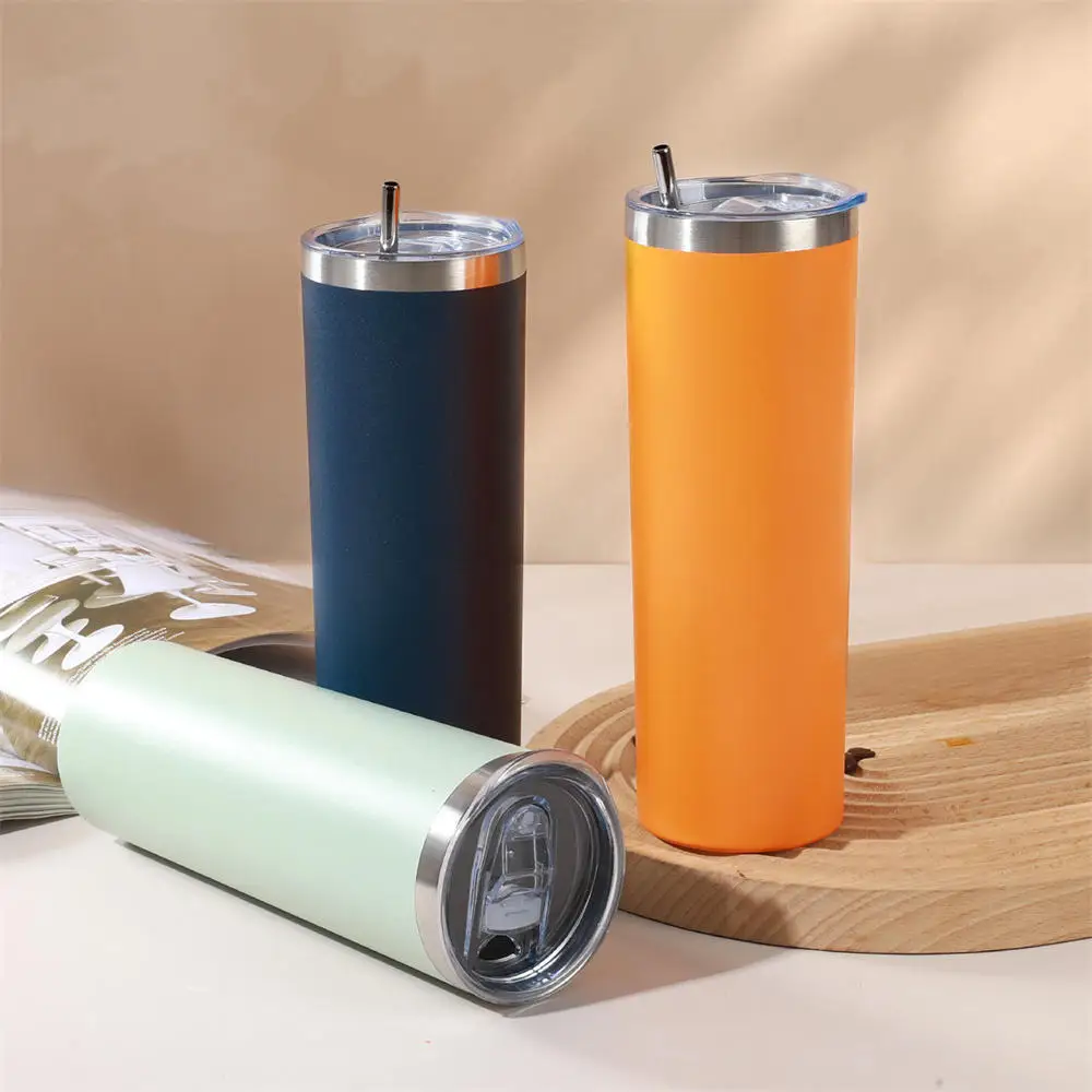 20oz Skinny Tumbler Stainless Steel Thermos Water Bottle With Straw Insulated Cup Sealed Lid Colored Vacuum Insulated Travel Mug