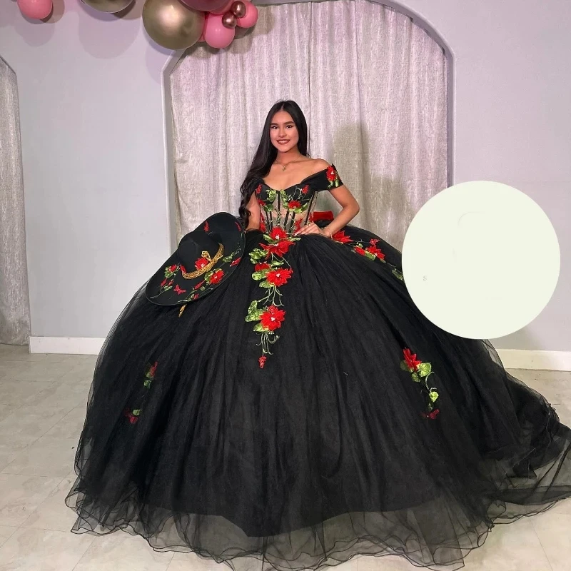 

Mexican Black Quinceanera Dresses 2024 Bow Crystals Off Shoulder Applique Lace Tull Sweet 16 Dress Ball Gown Lace-Up Birthday