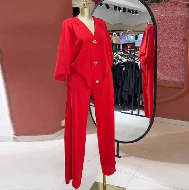 

Two Piece Set Women Outfit 2025 Spring New V-Neck Long Sleeved Loose Shirt & High Waist Casual Daily Straight Leg Pants Set