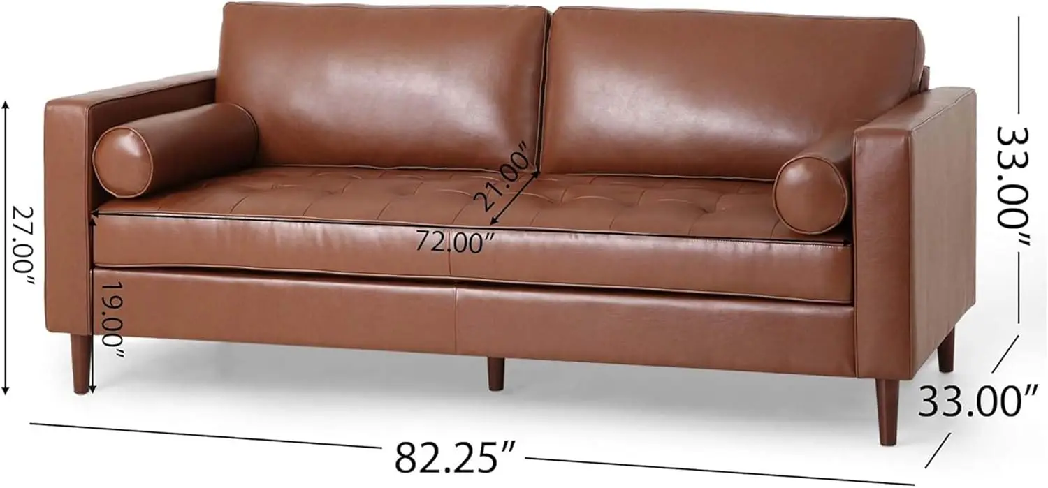 Upholstered Pu Sofa, Classic 3 Seater Leather Couch With Wooden Legs For Living Room Bedroom Office, Light Brown