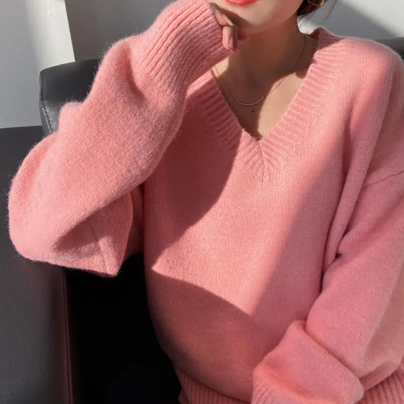 Solidny sweter z dekoltem w szpic z długim rękawem Sweter z dzianiny Elegancka moda Harajuku Slim Fit Odzież damska Luźne Casualowe Wszystkie Dopasowane Topy