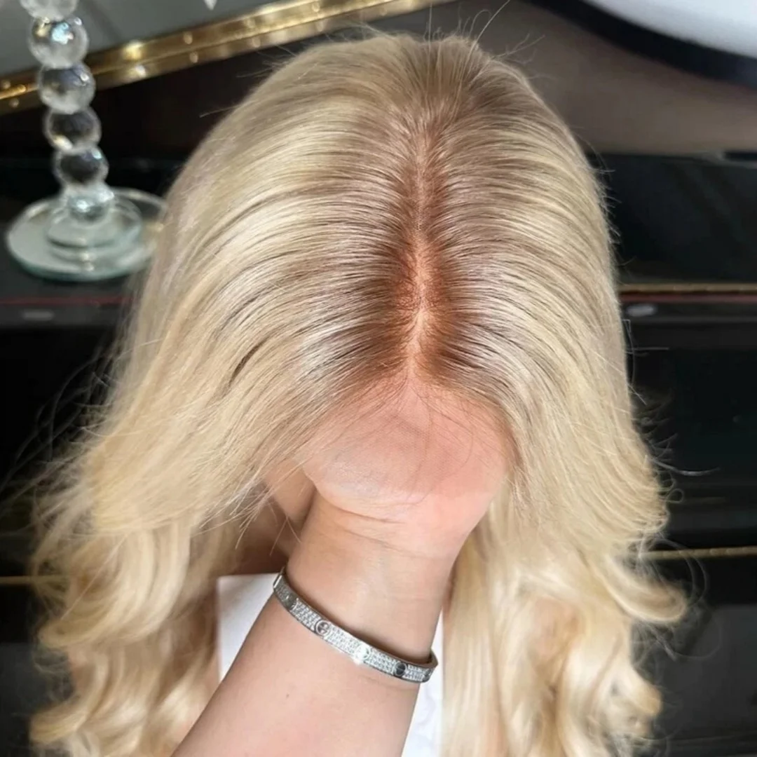 Wig Wanita Model Body Wave Sintetis, Highlight Cantik Omber Pirang Muda, Wig Lace Front Trendi Murah untuk Penggunaan Sehari-hari dan Pesta