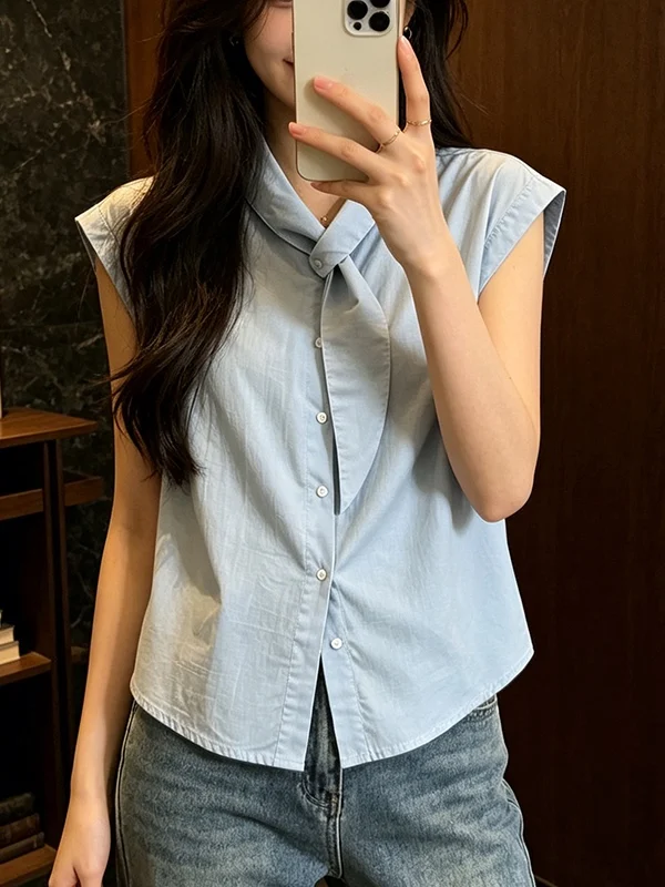 

Summer New plus Size Women's Shirt Loose Fluffy Sleeve Short Sleeve with Sash Elegant Style Korean Version Commute Wind