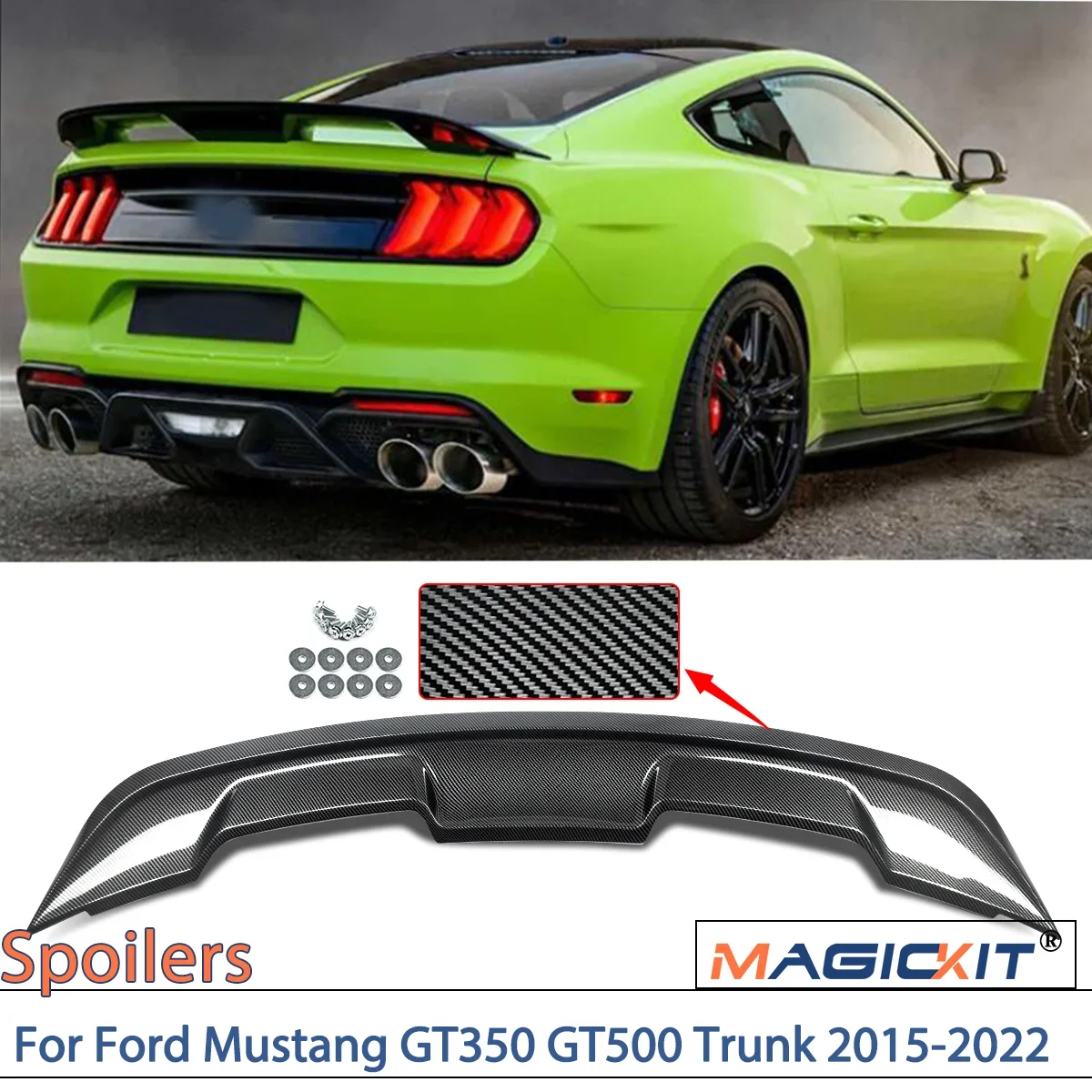 

MAGICKIT Carbon Fiber Look Rear Spoiler Wing For 2015-2022 Ford Mustang GT350 GT500 style 2 door coupe models CAR accessories