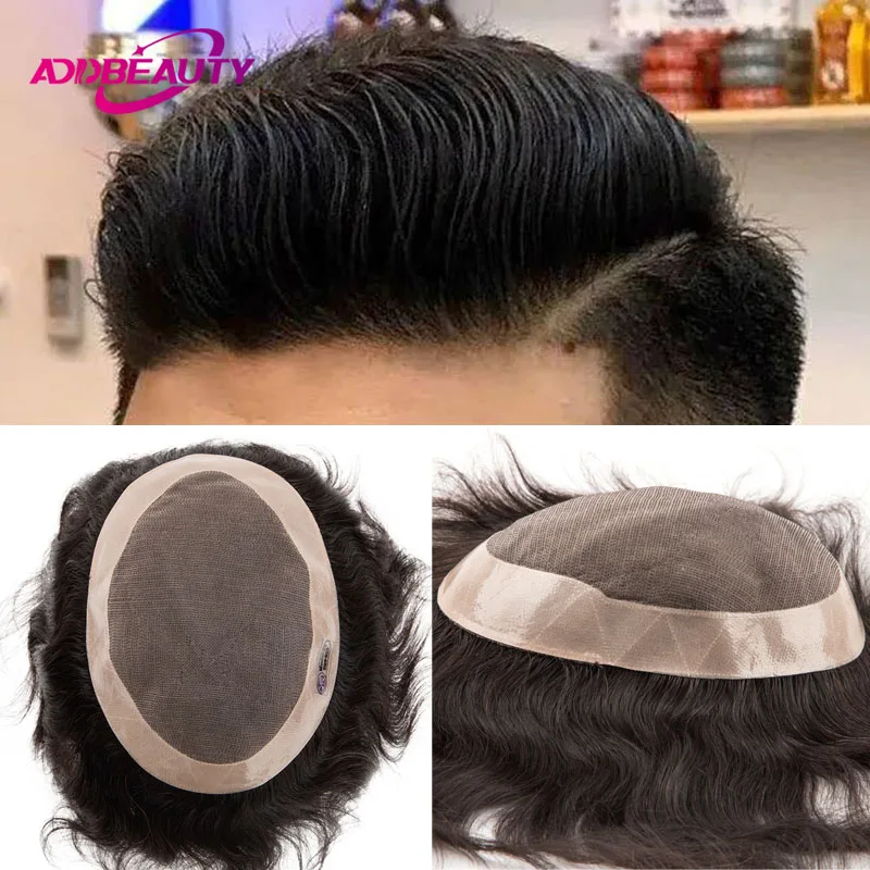 Addbeauty Men Toupee Human Hair Wigs Fine Mono NPU Capillary Prosthesis Straight Natural Wave Remy Hair System Male Toupee Hair