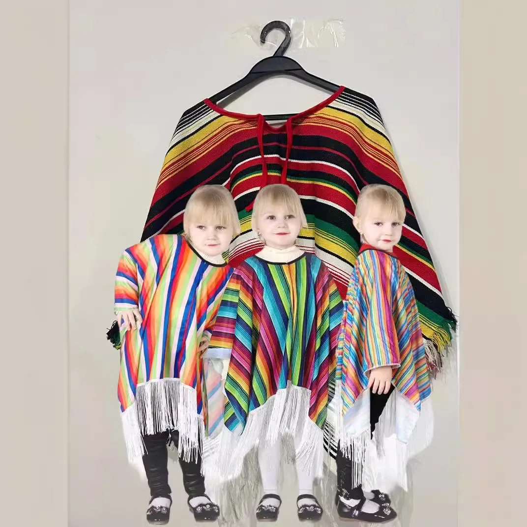 Capa a Rayas Coloridas con Flecos Poncho Mexicano para ninos Disfraz de Halloween para ninos Fiesta Mexicana Carnaval Cosplay
