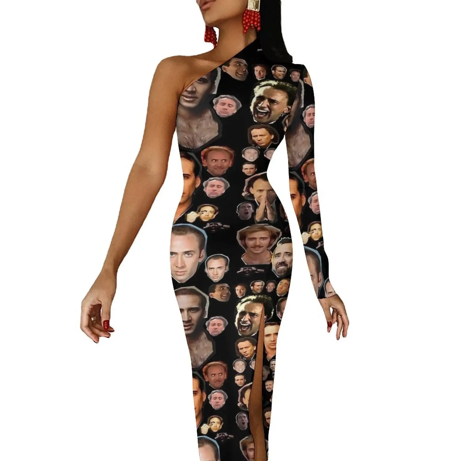 Nicholas Cage Faces Bodycon Dress Woman  Elegant Maxi Dress Long Sleeve Party Pattern Dresses Gift Idea