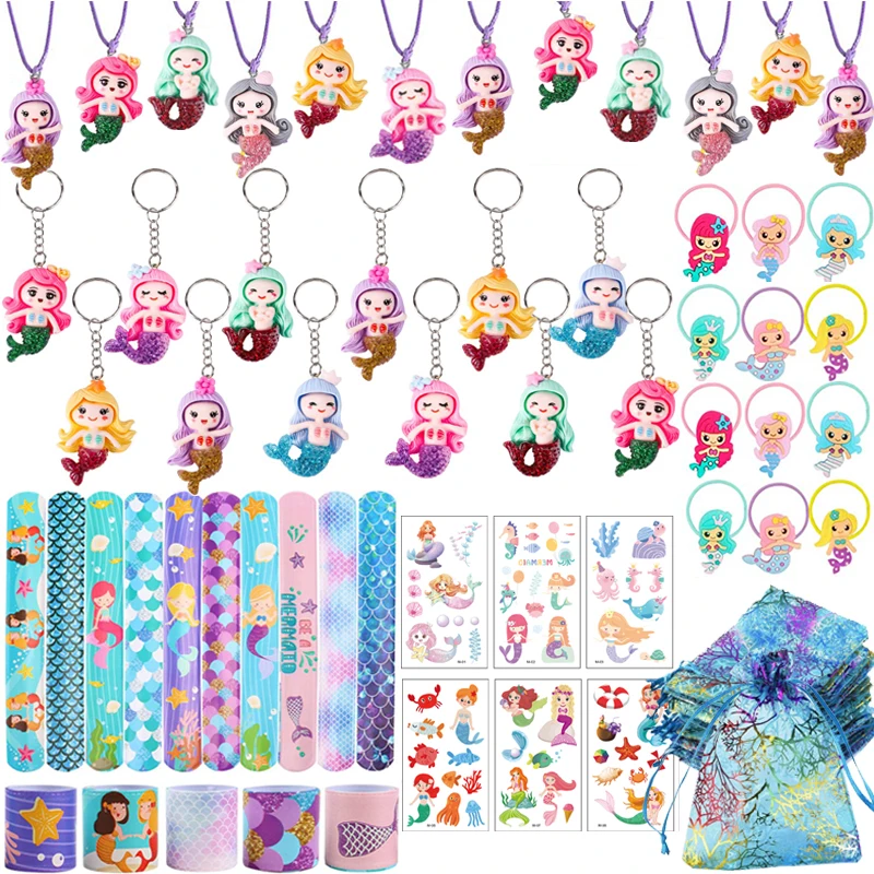 72pcs Mermaid Birthday Party Favors Kids Bracelets Keychains Tattoos Stickers Wedding Gifts Guests Mermaid Pinata Fillers Toys