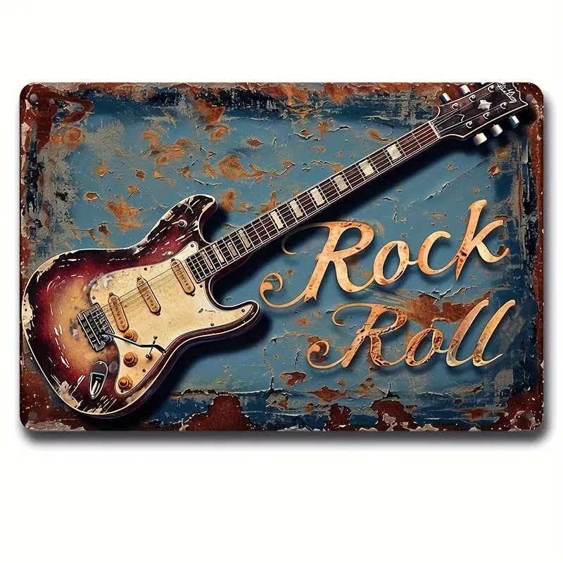 Letrero artístico de pared de metal con guitarra rock vintage, decoración retro de hierro desgastado con letras doradas y fondo azul, fácil de colgar