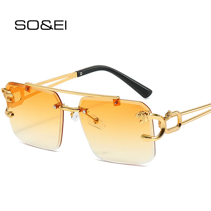 SO&EI Retro Metal Double Bridges Square Sunglasses Fashion Men Rimless Clear Ocean Gradient Lens Shades UV400 Women Sun Glasses