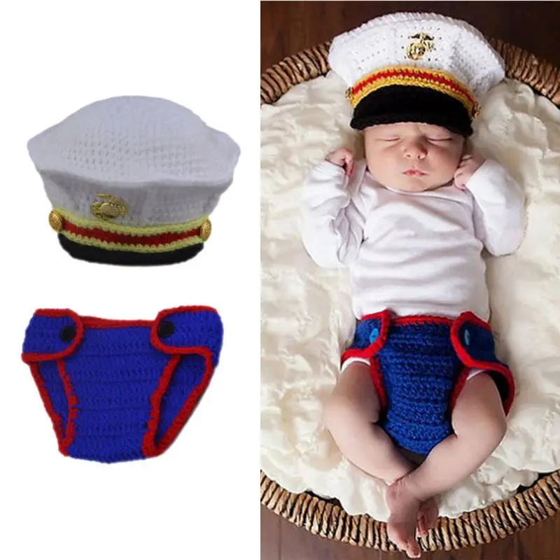 Baby Fotografie Outfit Hoed & Jumpsuits Set Poseren Rekwisieten Universeel Baby Marine Kostuum Gebreide Kleding Douchecadeau