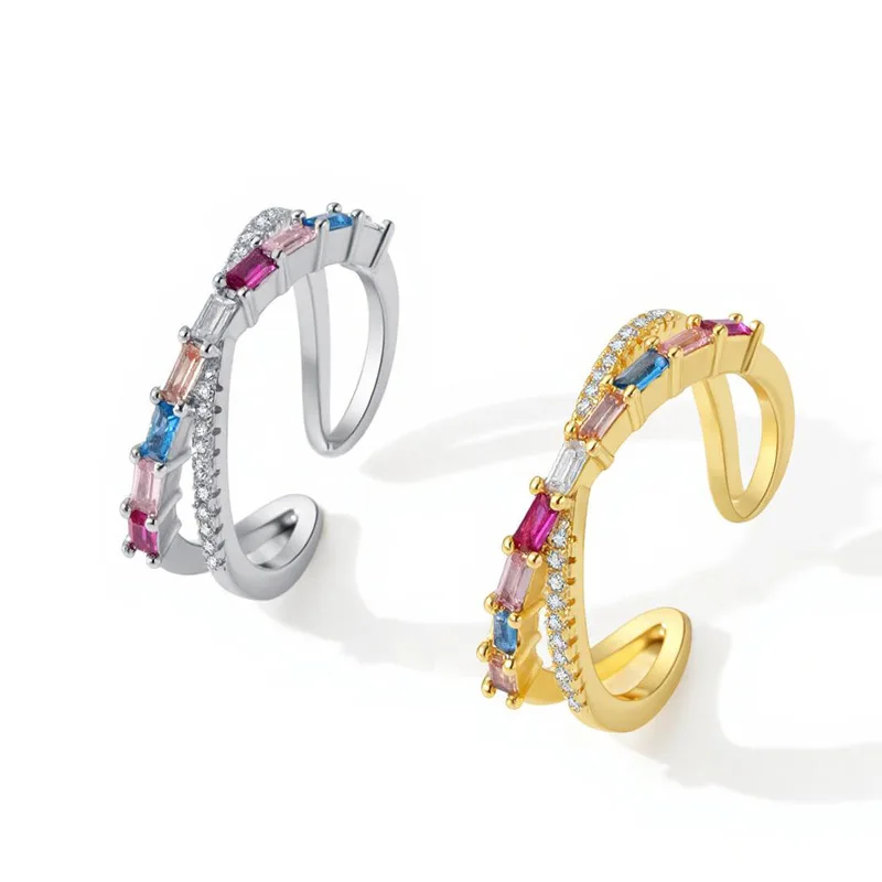 European and American Cross-border Fashion Statement Double Row Zirconia Adjustable Open Ring for Women, Trendy Instagrammable F