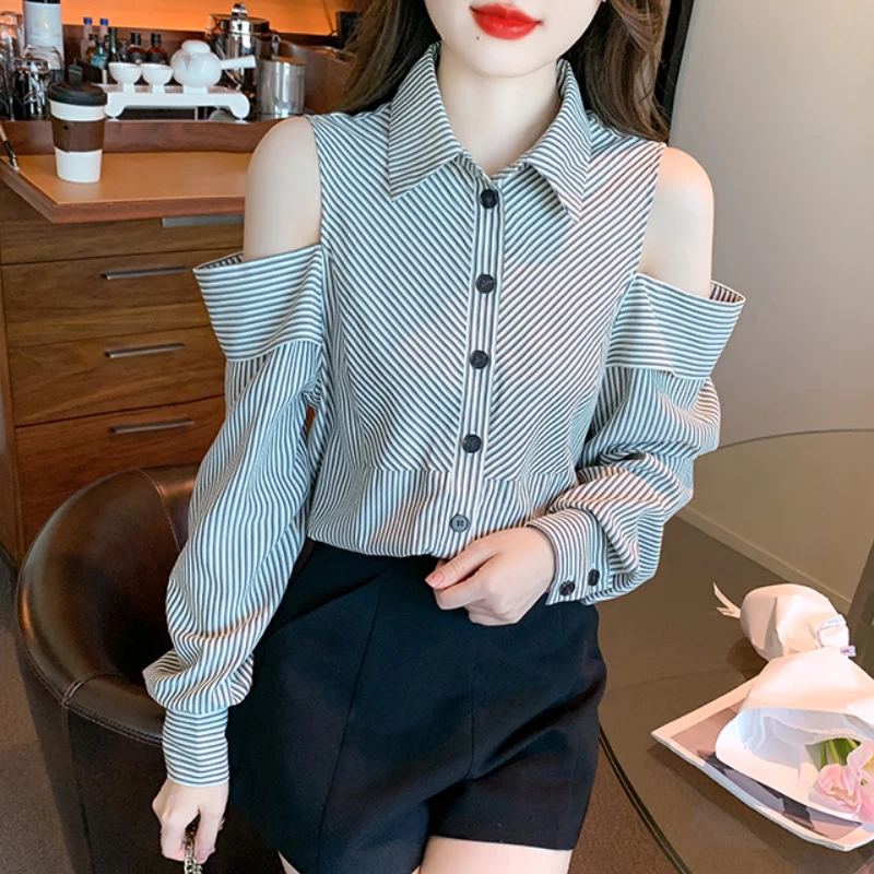 Korean Style Striped Strapless Shirt Women Long Sleeve Single Breasted Office Lady Tops Fashion Casual Versatile Blouse Female