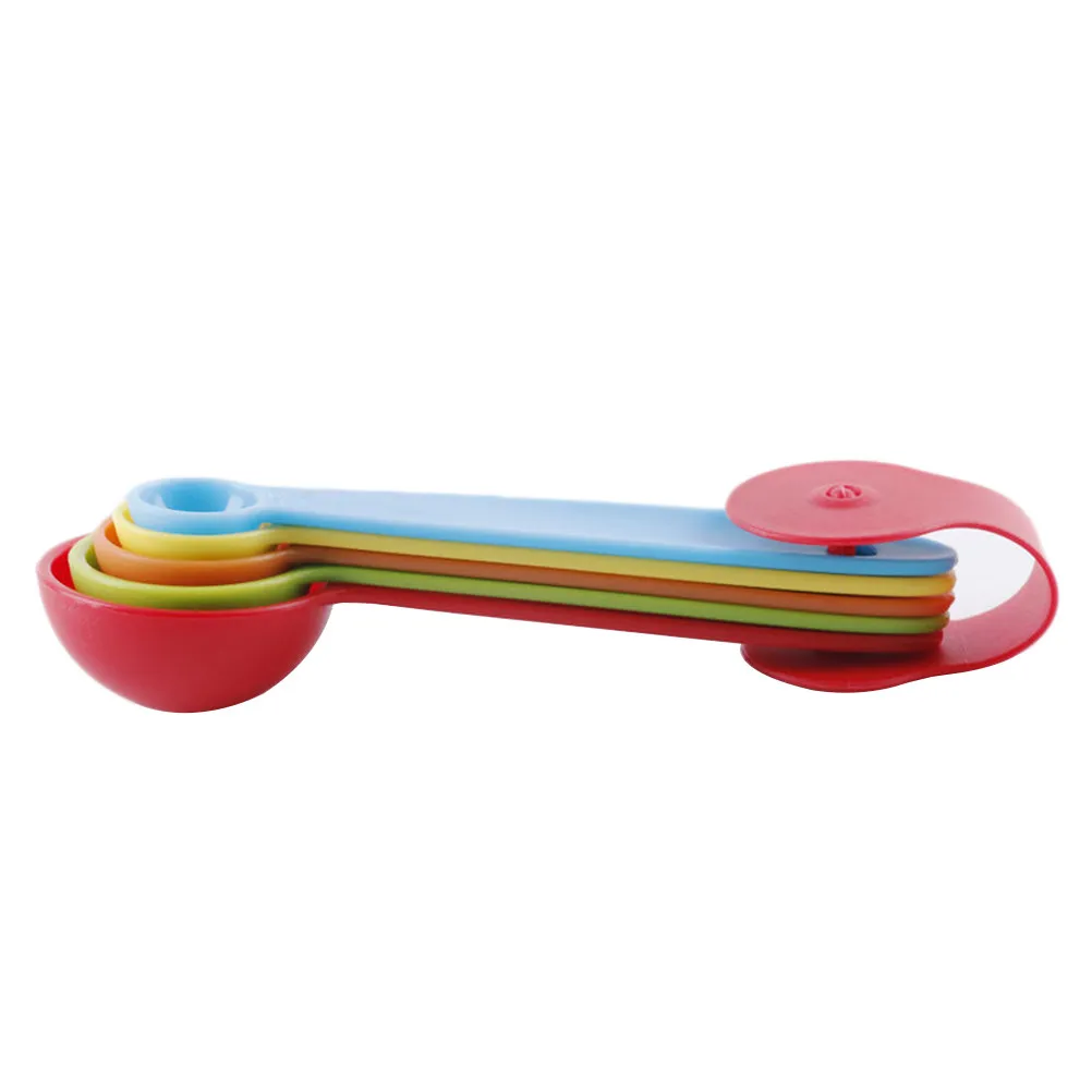 5Pcs Colorful Plastic Measuring Spoon Set Kitchen Baking Tools with Dual Standard Metric Markings Easy Clean Detachable Ring