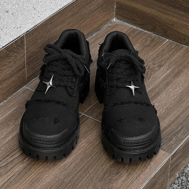 

Men round toe commuting derby shoes thick sole height increasing denim casual breathable niche design high street workwear shoes