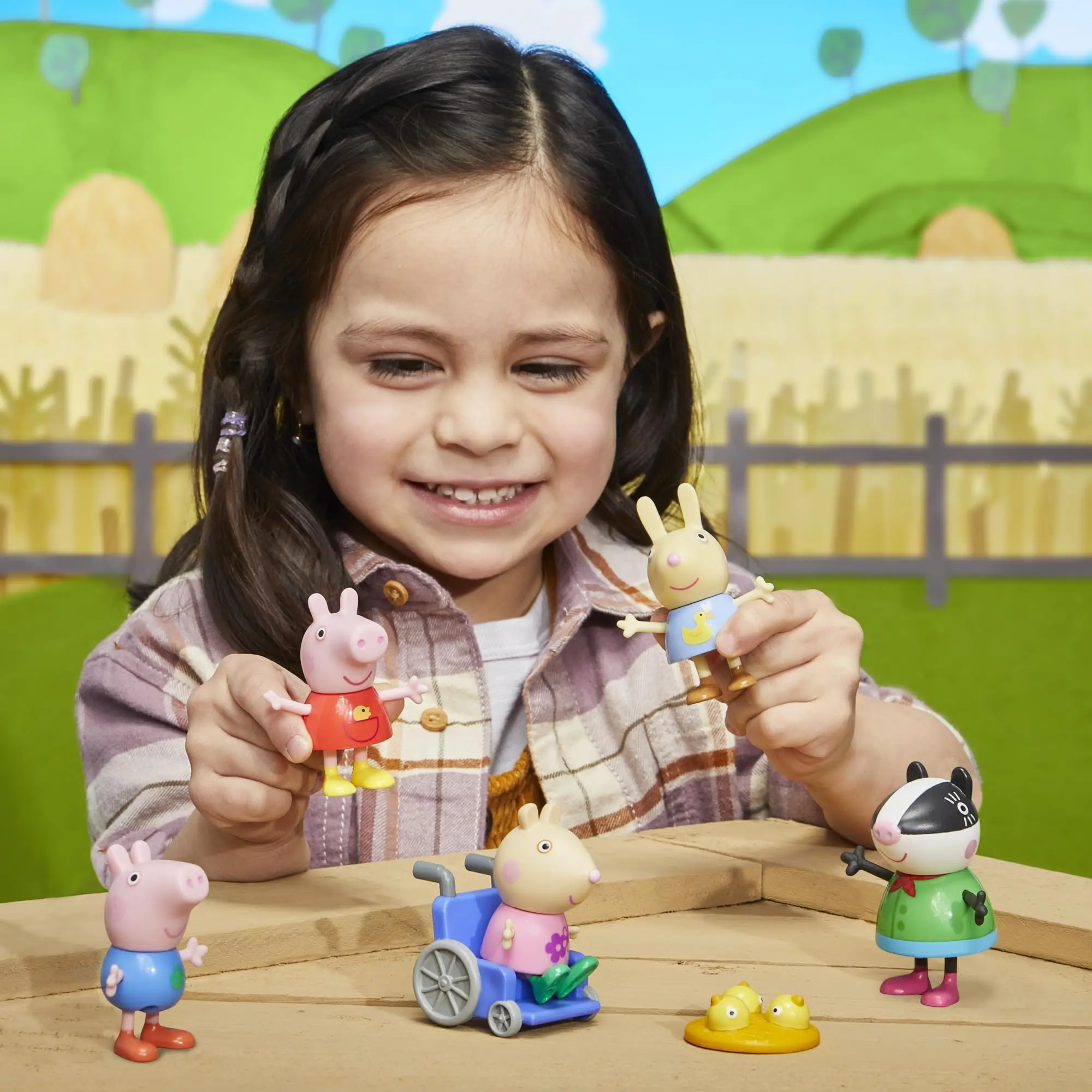 Peppa Pig's Farm Friends Anime Action Figure, 7 Pieces Playset, estatueta modelo animal dos desenhos animados, brinquedo bonito da menina, presente de aniversário infantil