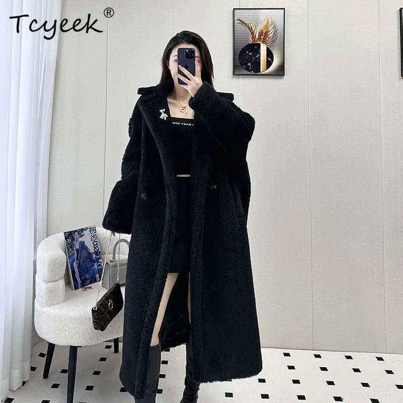 Tcyeek Geranium Alpaca Wool Coat Mid-Length Women Clothing Aviator Collar Warm Winter Fur Coats Fashion Loose Fit Зимняя Куртка
