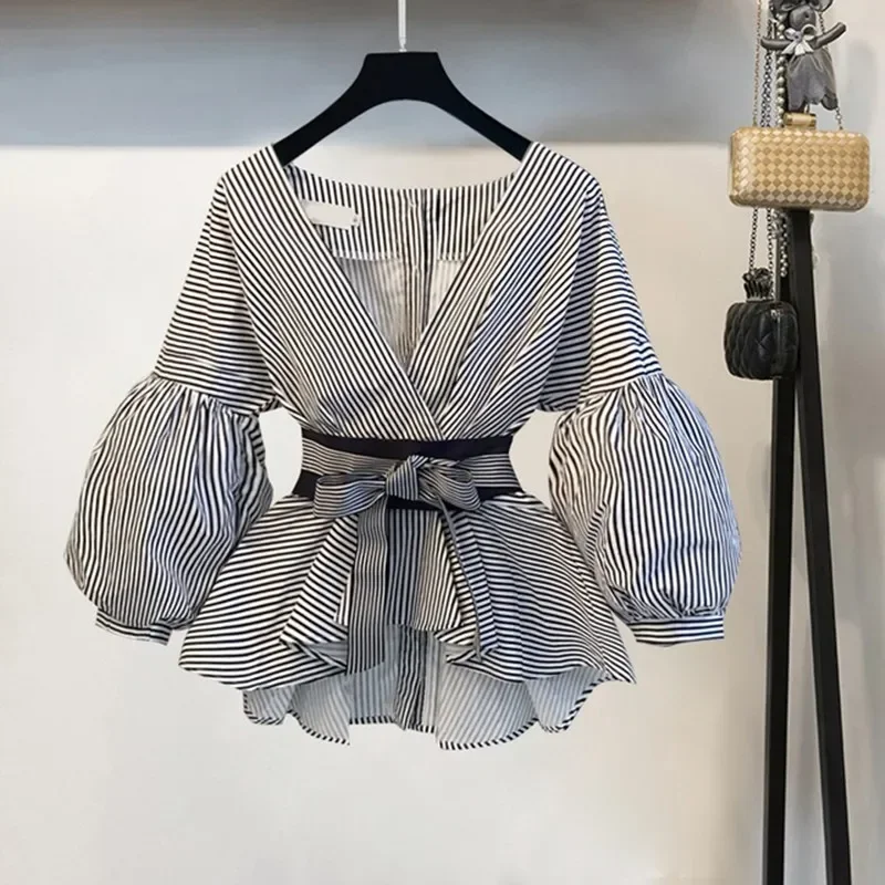 

Lantern Sleeve Blouse Shirt Women Fashion Korean Style Summer Bow V-neck Striped Shirt Elegant Ladies Tops Female Clothing
