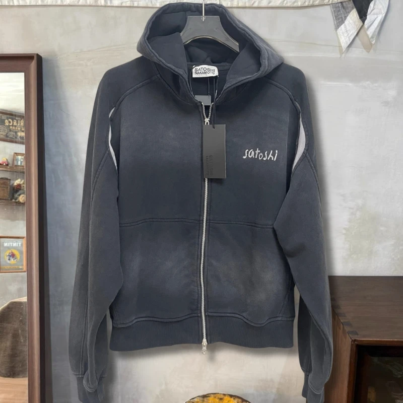 Vintage Washed Worn Fading Letter Print Satoshi Jacket Structural Splicing Sleeve Bidirectional Metal Zipper Hoodie Men Women