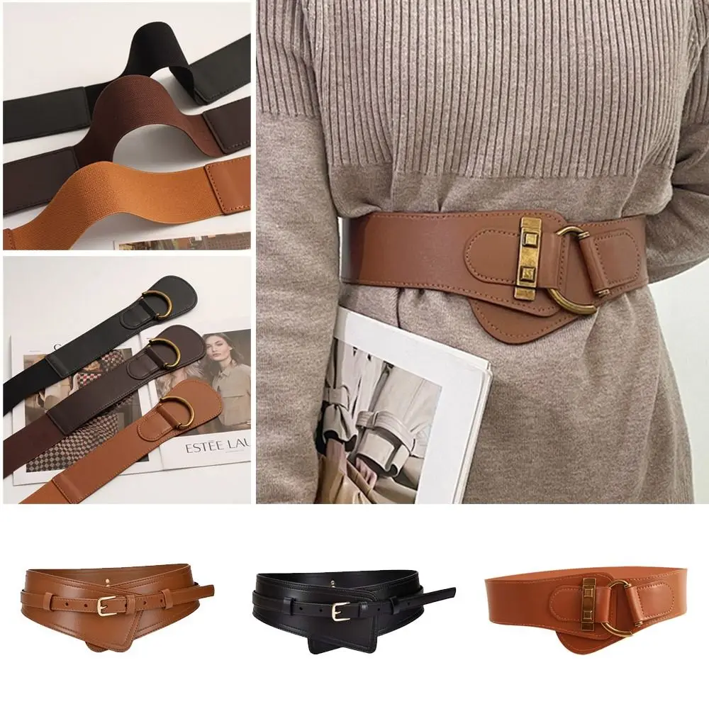 Fashion PU Leather Waist Belt Waist Elastic Elastic waistband Adjustable Alloy buckle Wide Belts Coat