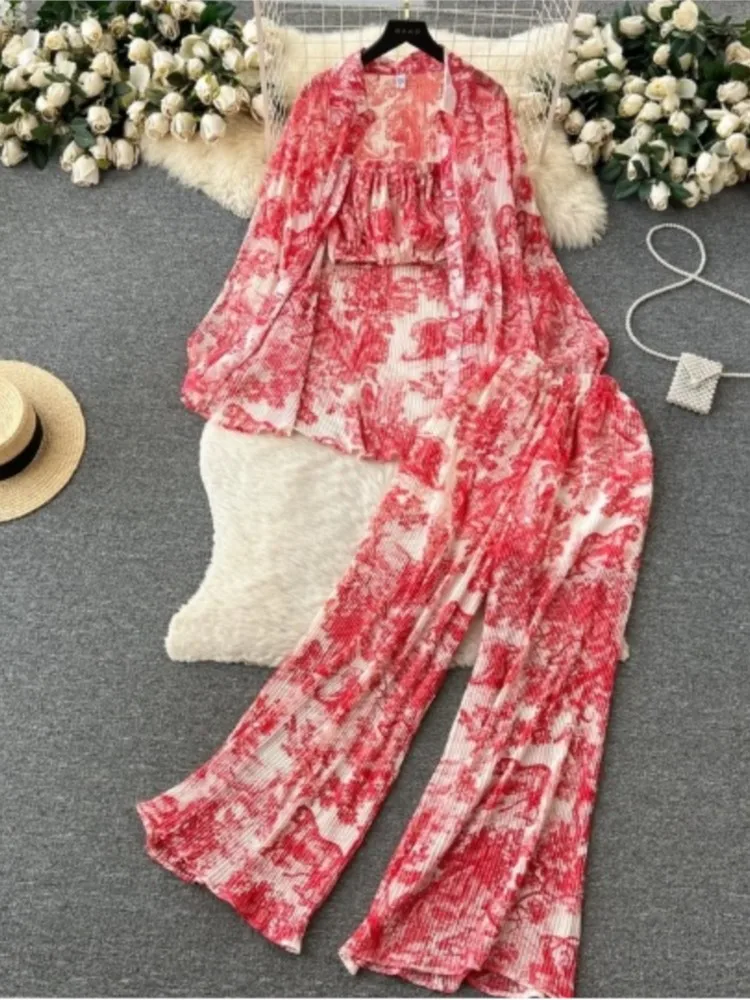 

Модный комплект из трех предметов с принтом, женская однобортная рубашка свободного покроя с рукавами-фонариками, костюм из трех предметов, длинные брюки с высокой талией