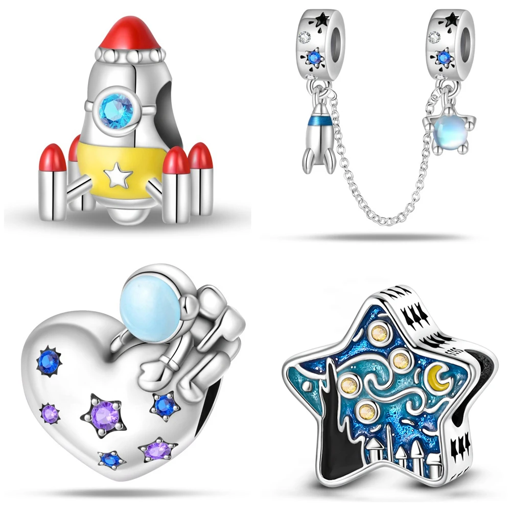 Rocket Astronaut Charms Silver Plated Beads Fit Original Bracelet Bag Keychain Earring Charm Bead Pendant Diy Women Jewelry Gift