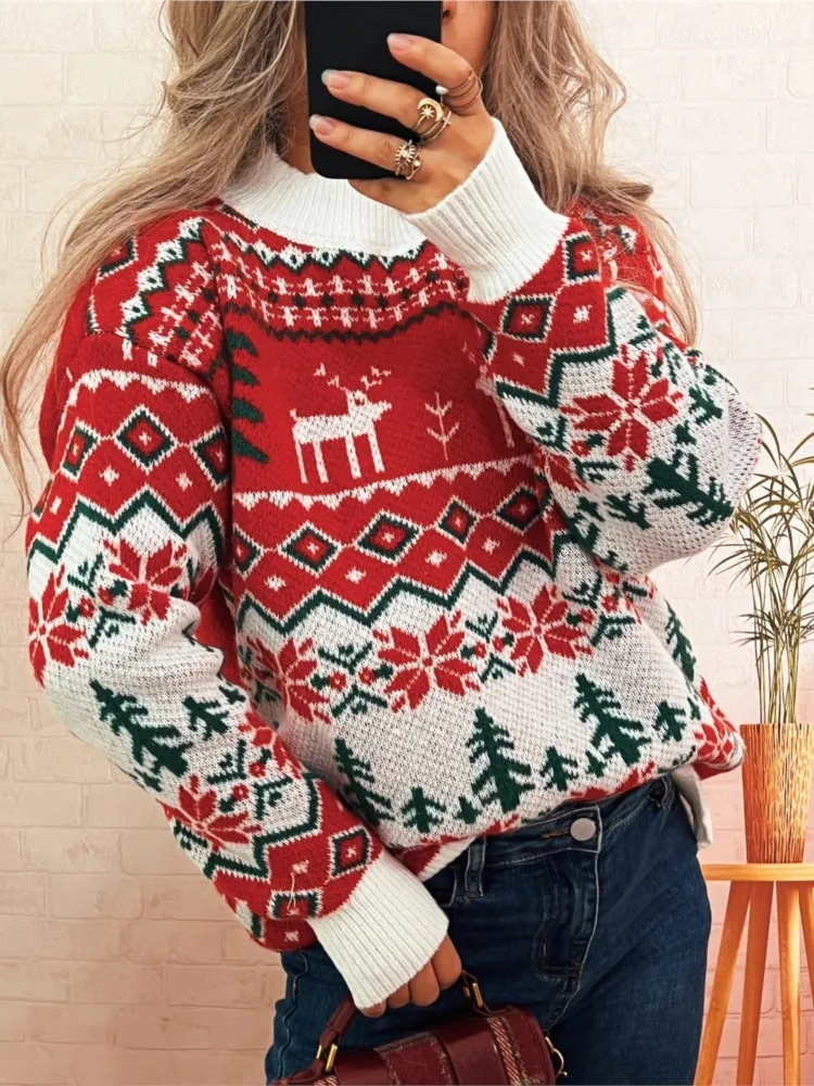 Pull de noël ample et décontracté en Jacquard contrasté pour femme, col rond, Style à la mode, à manches longues, nouvelle collection automne et hiver